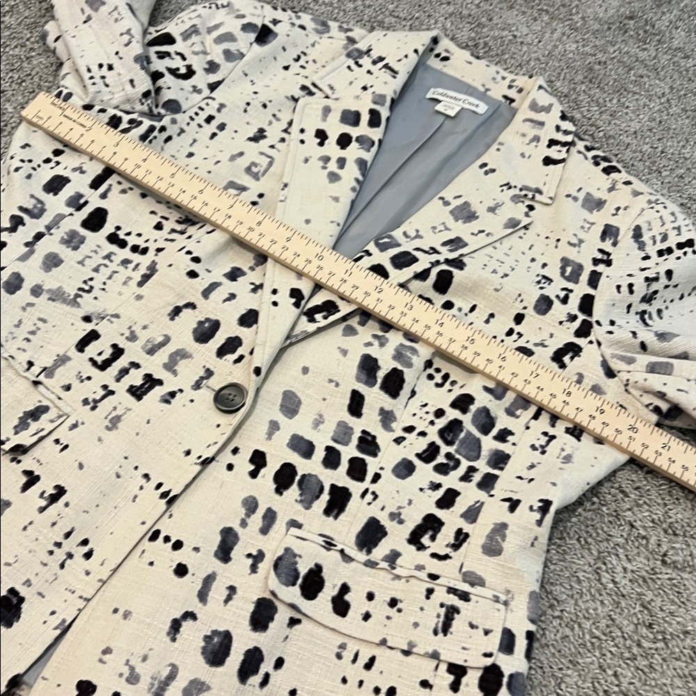 COLDWATER CREEK Print Blazer Jacket 12 White Black Linen Blend 3/4 Sleeve - Picture 15 of 16